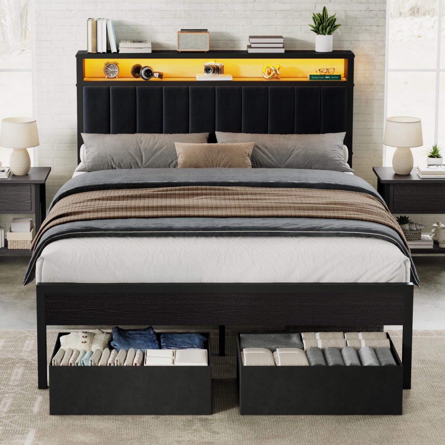 AMERLIFE Queen Bed Frame with LED Lights & 2-Tier Storage Headboard
