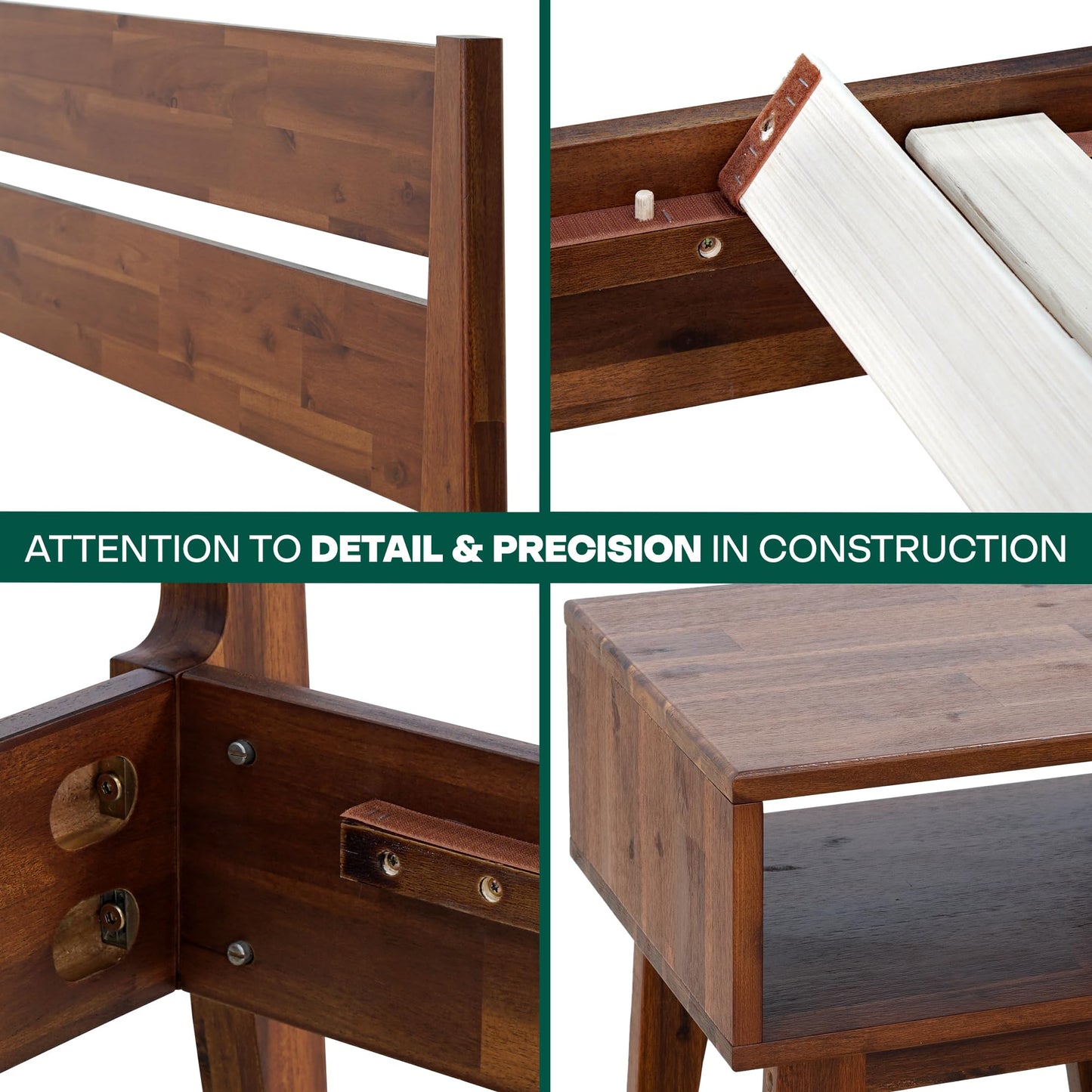 Acacia Callisto King Solid Wood Platform Bed Frame with Headboard – Gift Matching Nightstand Included, Mid-Century Modern, Walnut Finish, No Box Spring Needed, Sturdy, Easy Assembly