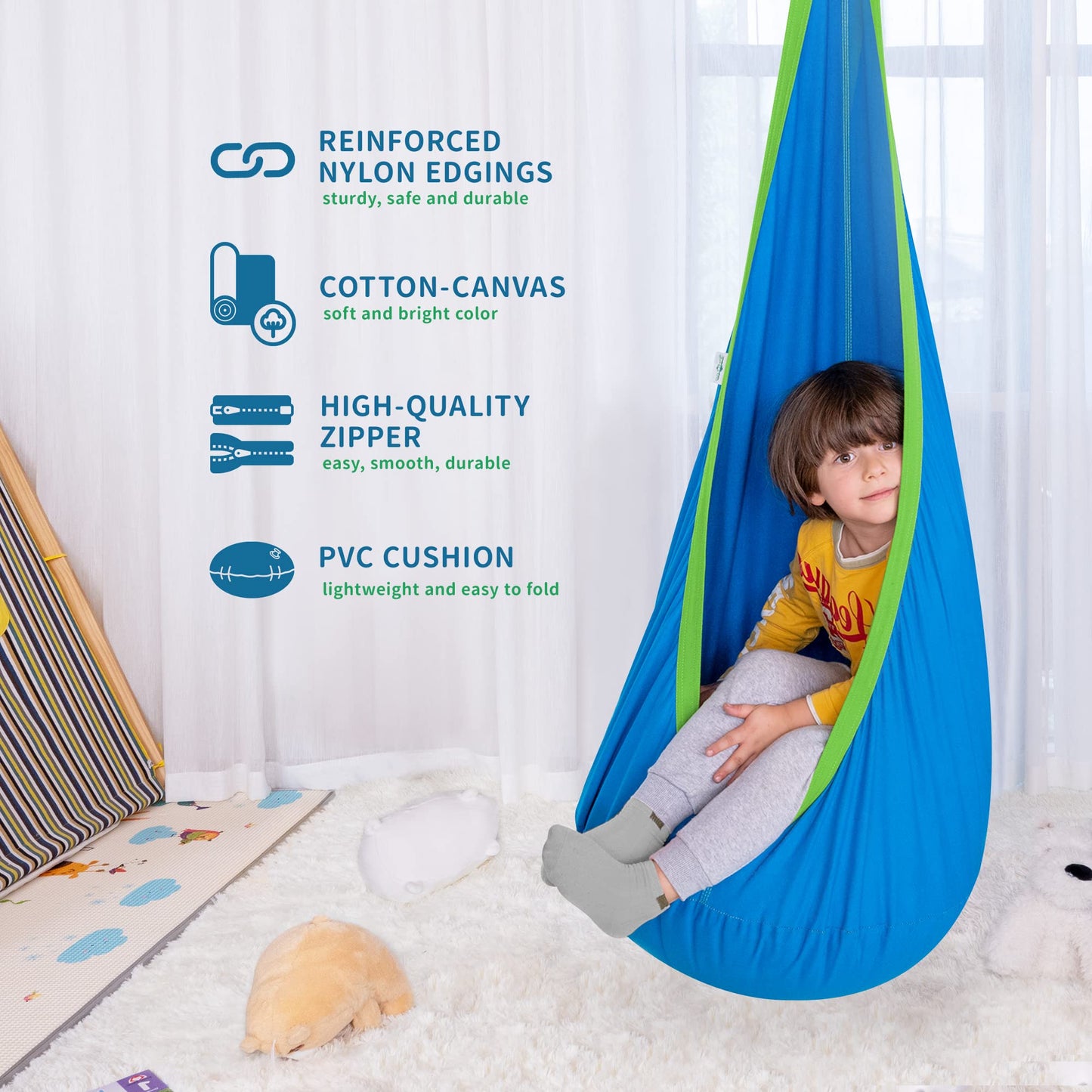 OUTREE Kids Pod Swing Seat, Cotton Child Hammock Swing Chair, Sensory Swing for Indoor and Outdoor Use, Blue