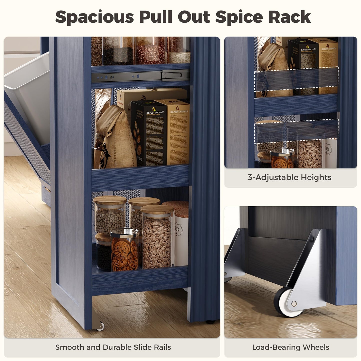 LIKIMIO 59" Kitchen Island with Power Outlet & Hidden Trash can Storage, Faux Marble Island Table with Seating Area, 3-Tier Spice Rack, 3 Drawers, 2-Tier Cabinet, Rolling Kitchen Cart on Wheels, Blue