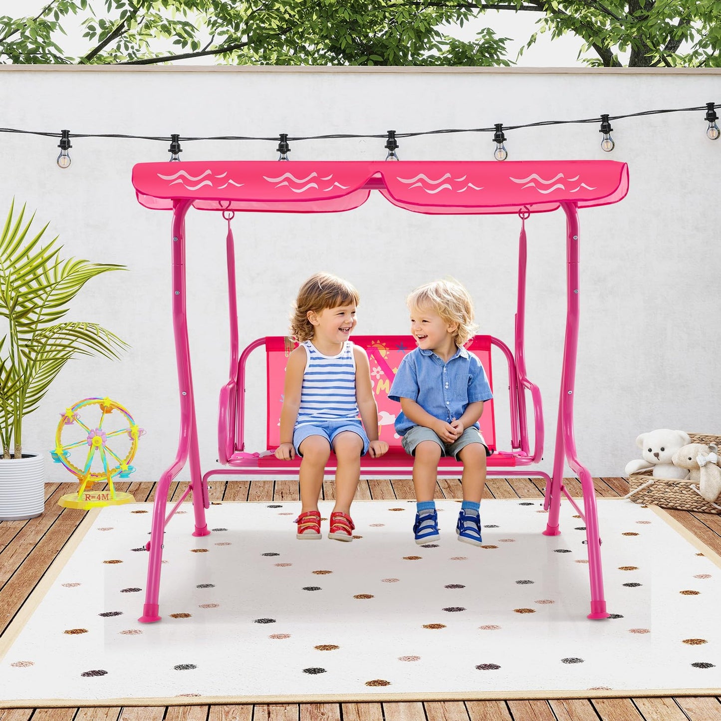 Costzon Kids Porch Swing, All-Weather Patio Swing Bench Hammock w/Adjustable Canopy & Safety Belts for 2 Children, Outdoor Swing for Backyard Garden Balcony Poolside (Pink, Mermaid)