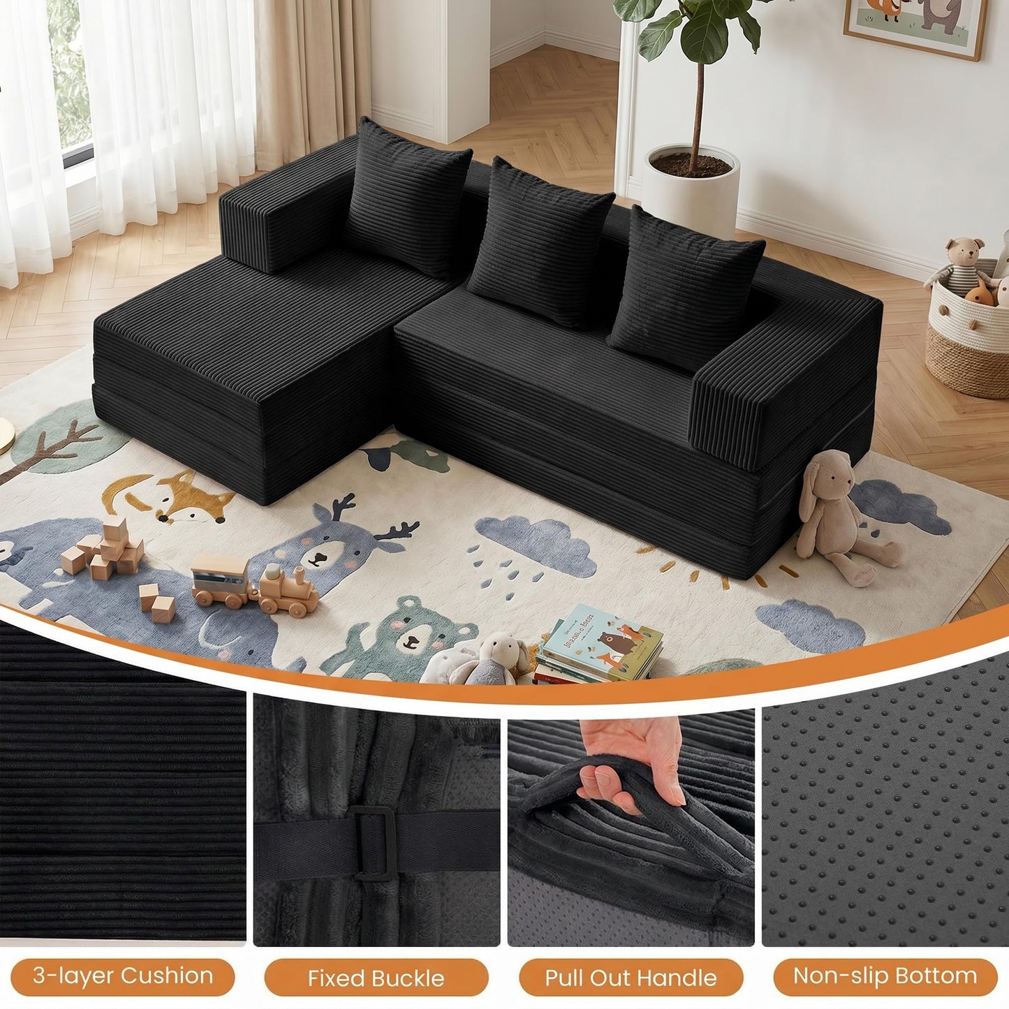 65" Boneless Couch,Convertible Sleeper Sofa Bed, Modular Sectional Sofa, Modern Tri-Folding Cloud Couch with L-Shape Chaise, Corduroy Futon Couches for Living Room Small Spaces Apartment,No Assembly