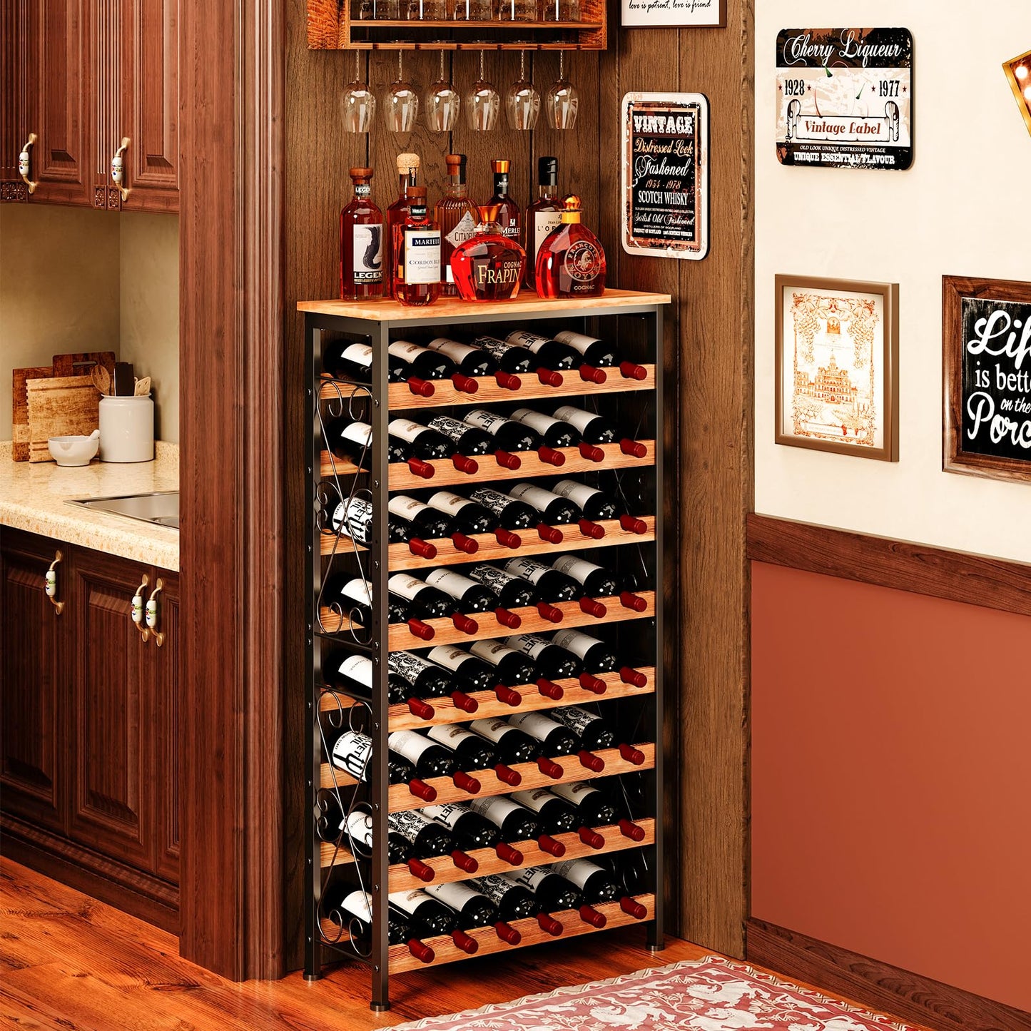Sonyabecca 48 Bottle Wine Rack Freestanding Floor with Wood Top,8-Tier Wine Storage Shelf with Serving Station, Wine Holder for Kitchen, Bar, Dining Room, Home Bar Cabinet for Wine Bottles, No Wobble
