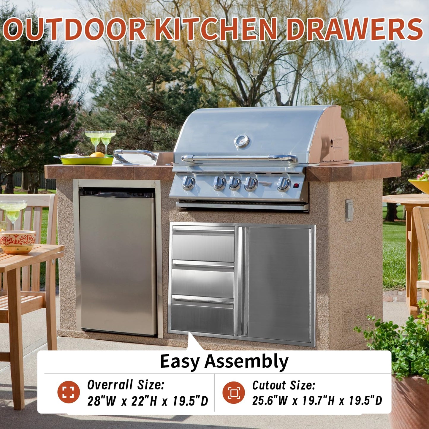 RUXVONB 28" W x 22" H x 19.5" D Stainless Steel Outdoor Kitchen Door Drawer Combo Cabinet, Built-in Triple Drawers and Right Access Door with Shelves for BBQ Island and Patio Grill Station