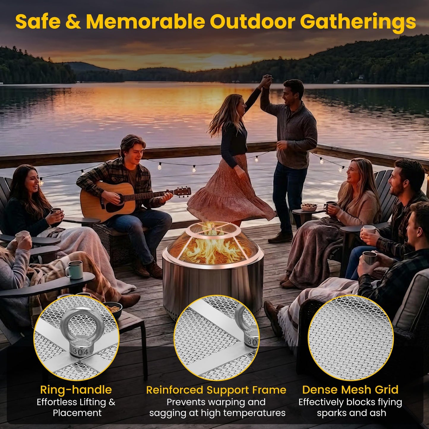 One-Piece Fire Pit Spark Screen for Solo Stove Bonfire, 19.5 Inch No-Install 304 Stainless Steel Solo Stove Spark Screen, Fire Pit Spark Screens with Handle for Backyard, Patio, Camping, RV and Beach