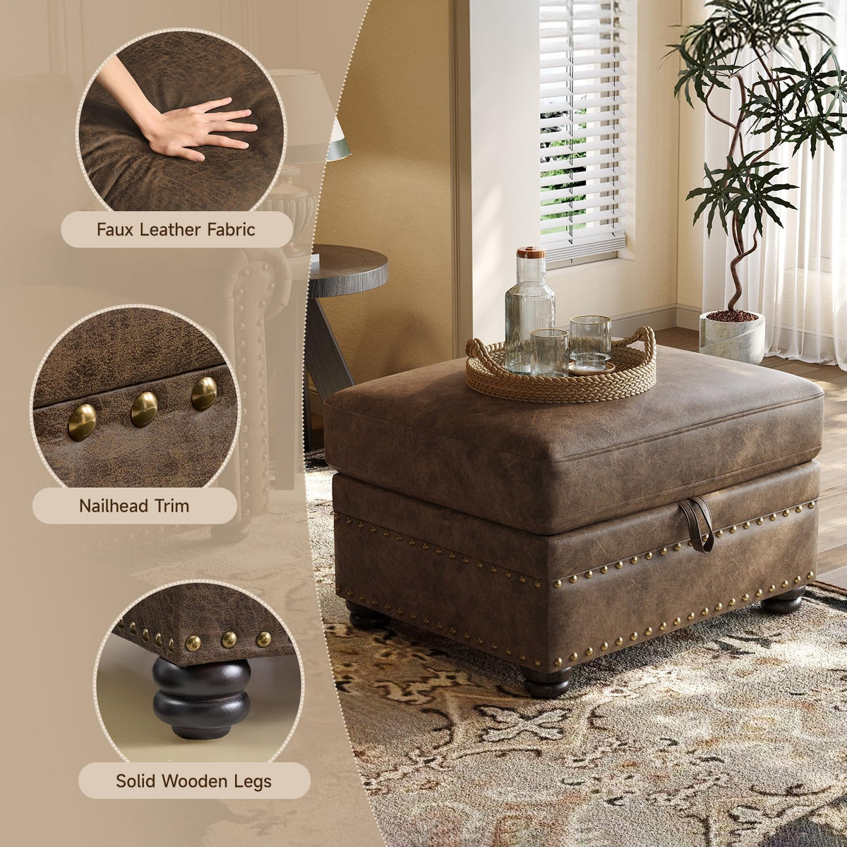 ONBRILL Faux Leather Ottoman with Storage, Rectangle Leather Foot Stool