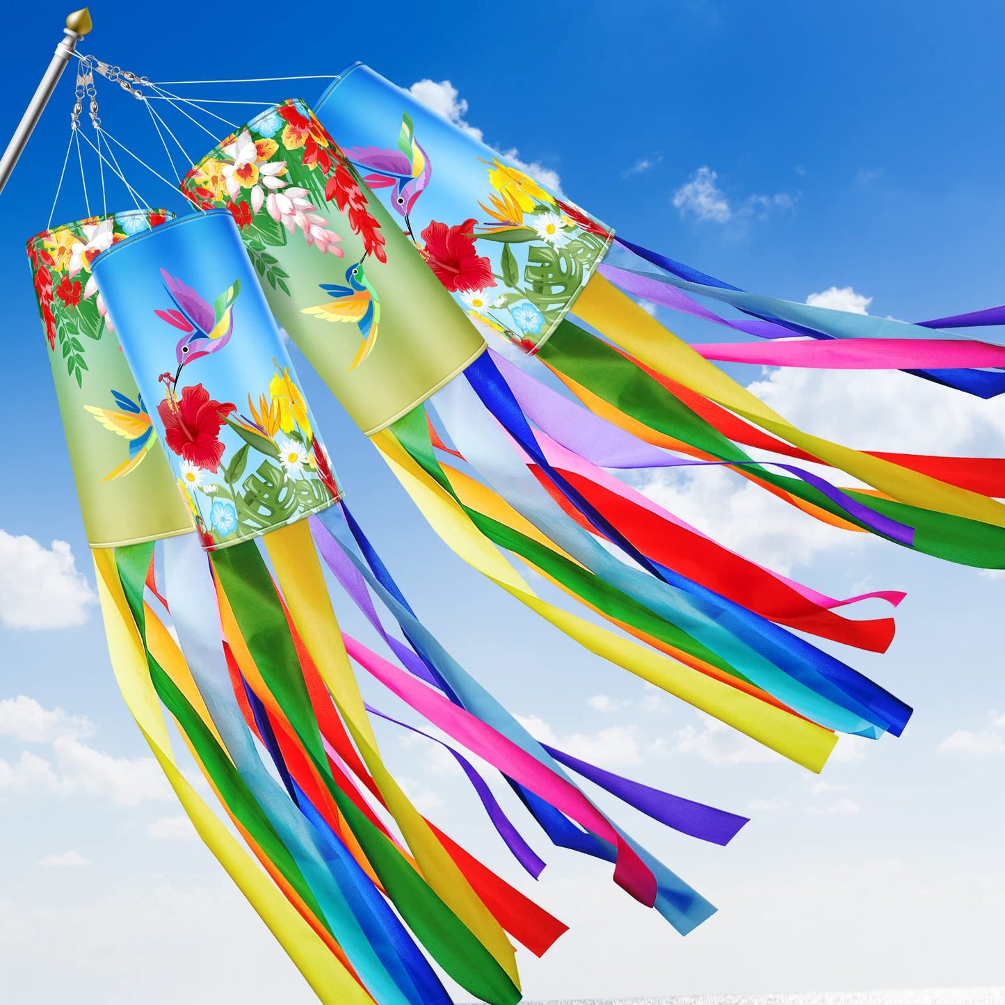 Newwiee 4 Pcs Wind Socks for Outside Heavy Duty 40 Inches Rip-Stop Polyester Decorative Spring Summer Hummingbird Windsock with Streamers Hanging Decor for Wall Tree Front Patio Lawn Garden