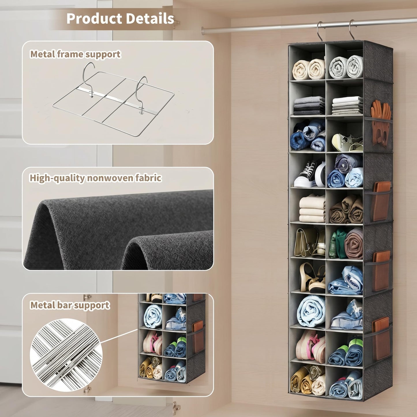 Pcaelin Hanging Shoe Organizer for Closet - 20 Extended Sections Closet Shoe Storage Rack with 8 Side Mesh Pockets, Foldable Shelves Holder for Shoes Clothes Shirts Jeans Hats