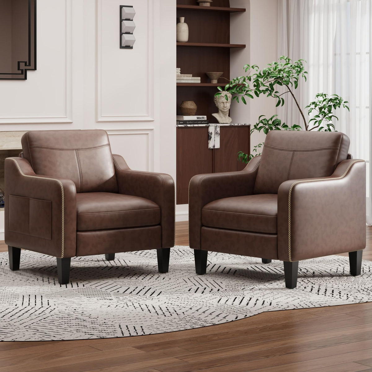 MALOL PU Leather Accent Chair Set of 2 with Wood Frame, Chocolate Brown