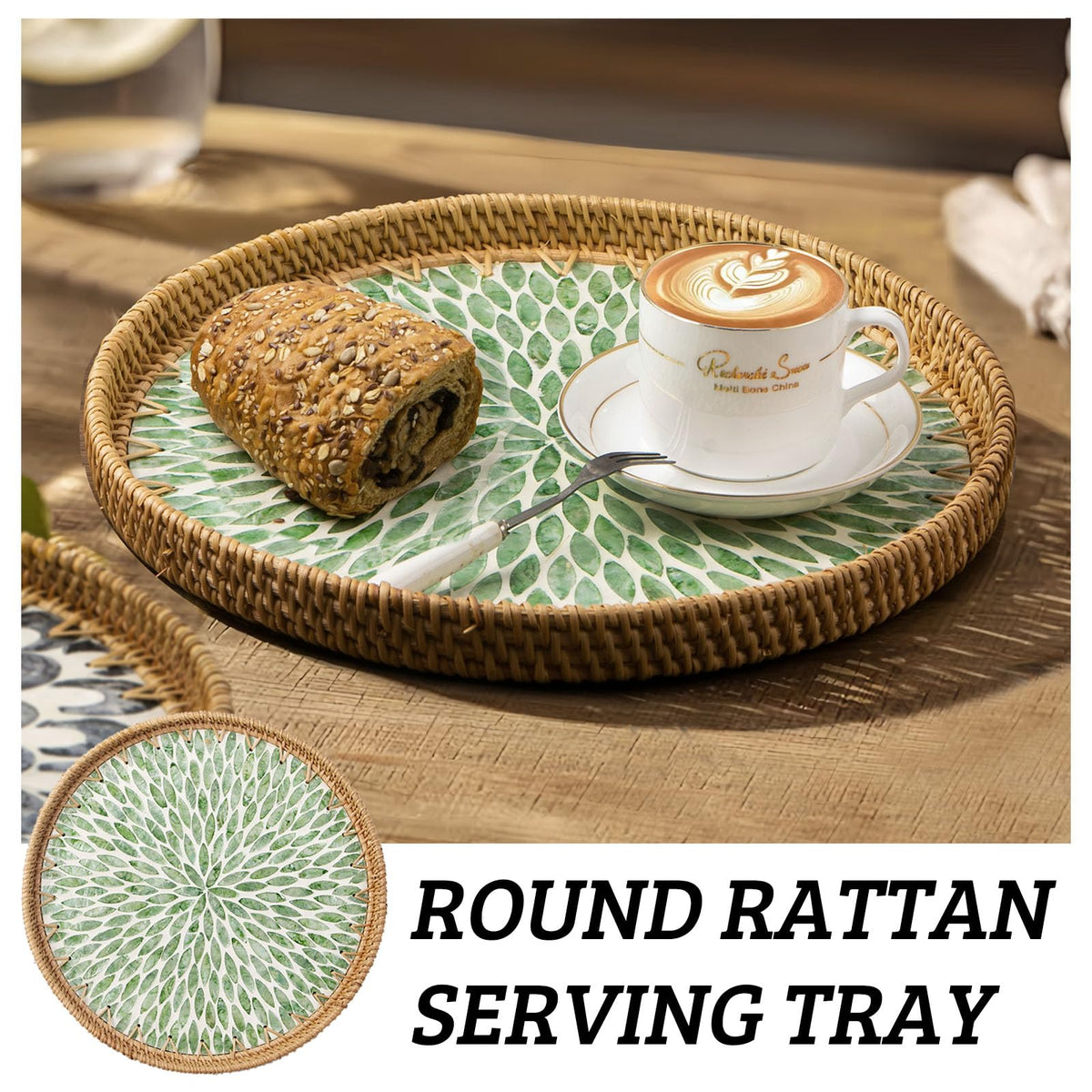 Aayoruro Round Rattan Tray with Mother of Pearl Inlay, Wooden Base