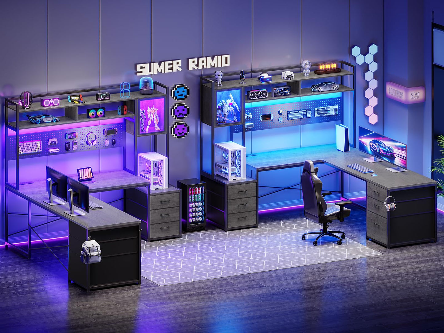 SEDETA Reversible L Shaped Gaming Desk with 6 Drawers, Hutch, Led Lights