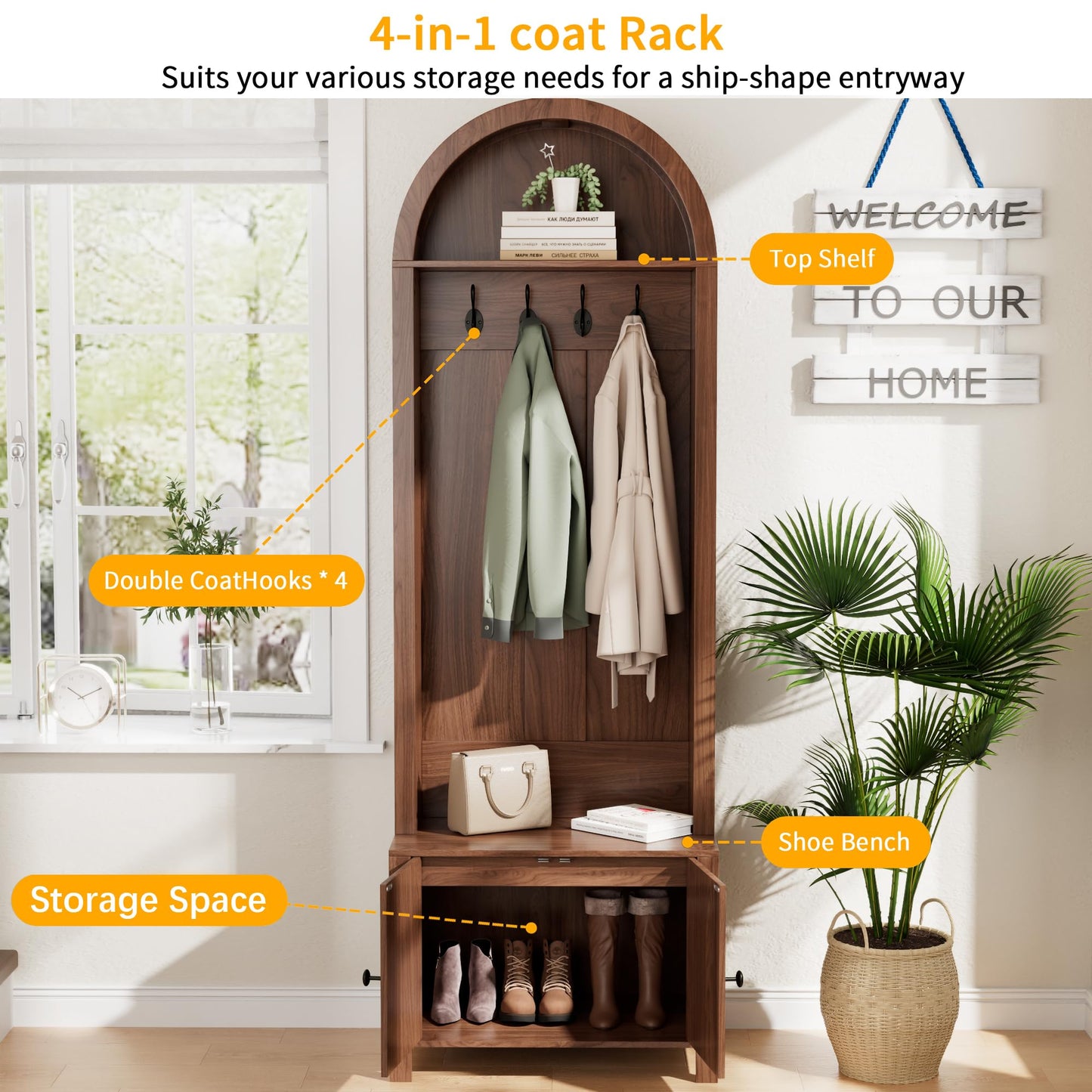 Hall Tree with Bench and Shoe Storage, Entryway Storage Bench with Coat Rack, 70.9"Arch Coat Rack with 4 Hooks and 2 Fluted Doors, Farmhouse Style Furniture Organizer for Hallway (Walnut, 23.7"W)