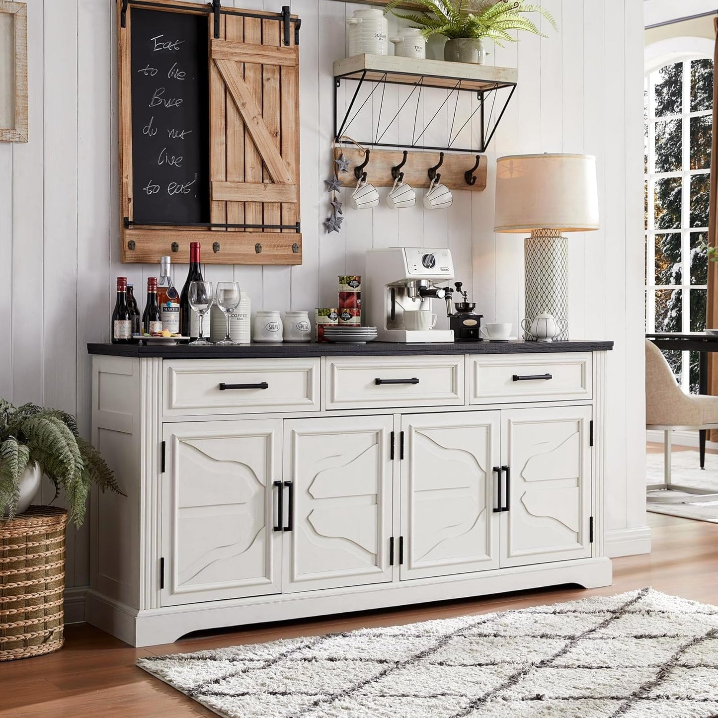 JXQTLINGMU 66" Farmhouse Buffet Cabinet with Storage, Sideboard Credenza with 4 Door Cabinets, Adjustable Shelves & 3 Drawers, Coffee Bar Cabinet for Dining Room, Kitchen, Living Room, Off White