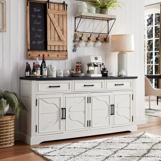 JXQTLINGMU 66" Farmhouse Buffet Cabinet with Storage, Sideboard Credenza with 4 Door Cabinets, Adjustable Shelves & 3 Drawers, Coffee Bar Cabinet for Dining Room, Kitchen, Living Room, Off White