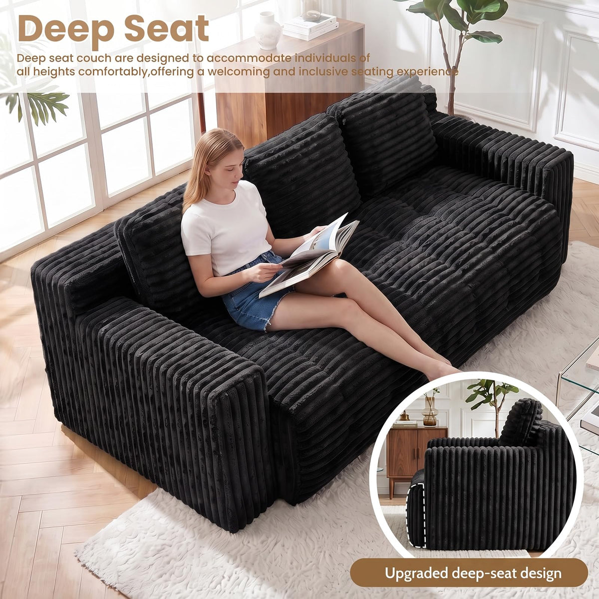 Tykacna 70” Boneless Couch, 3 Seater Sofa Couch with Extra Deep Seats 3 Pillows,Corduroy Modern Small Couch for Living Room, Office, Bedroom, Apartment,Black