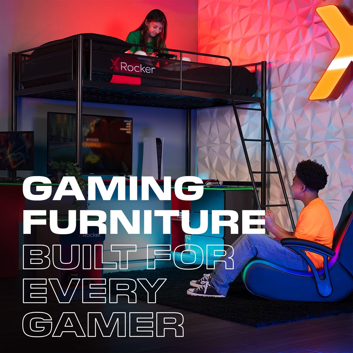 X Rocker Pixel Printed Video Gaming Floor Chair with Headrest Speakers, Wireless Bluetooth, Foldable, Vegan Leather, 300 lbs Max, Amazon Exclusive, Black, Gifts for Gamers