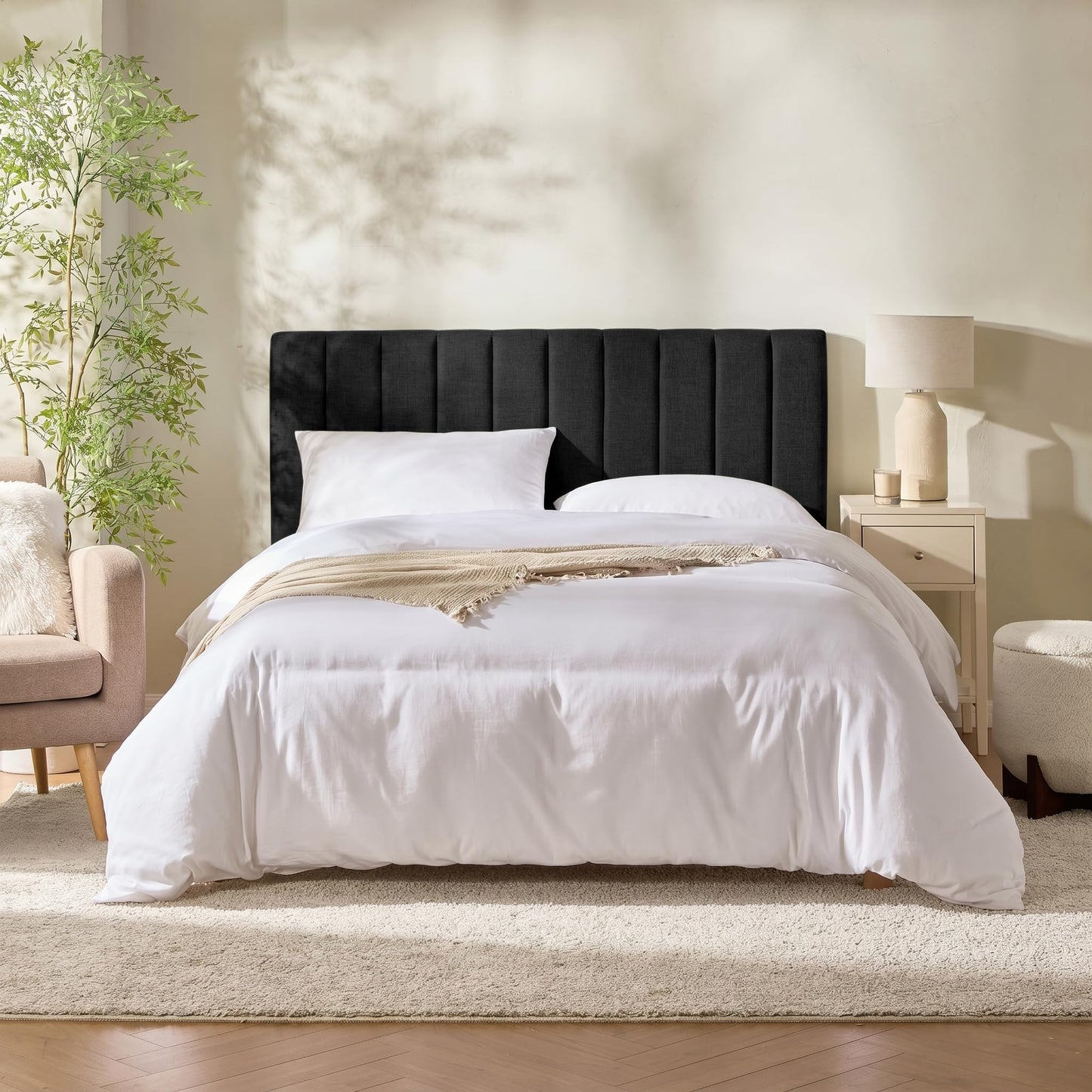 Hearth & Harbor Upholstered Full Headboard - Easy Assemble Channel Stitched Headboard Full Size - Wall Mounted Headboards with 3D Soundproof Wall Panels Peel & Stick Floating Headboards, Black