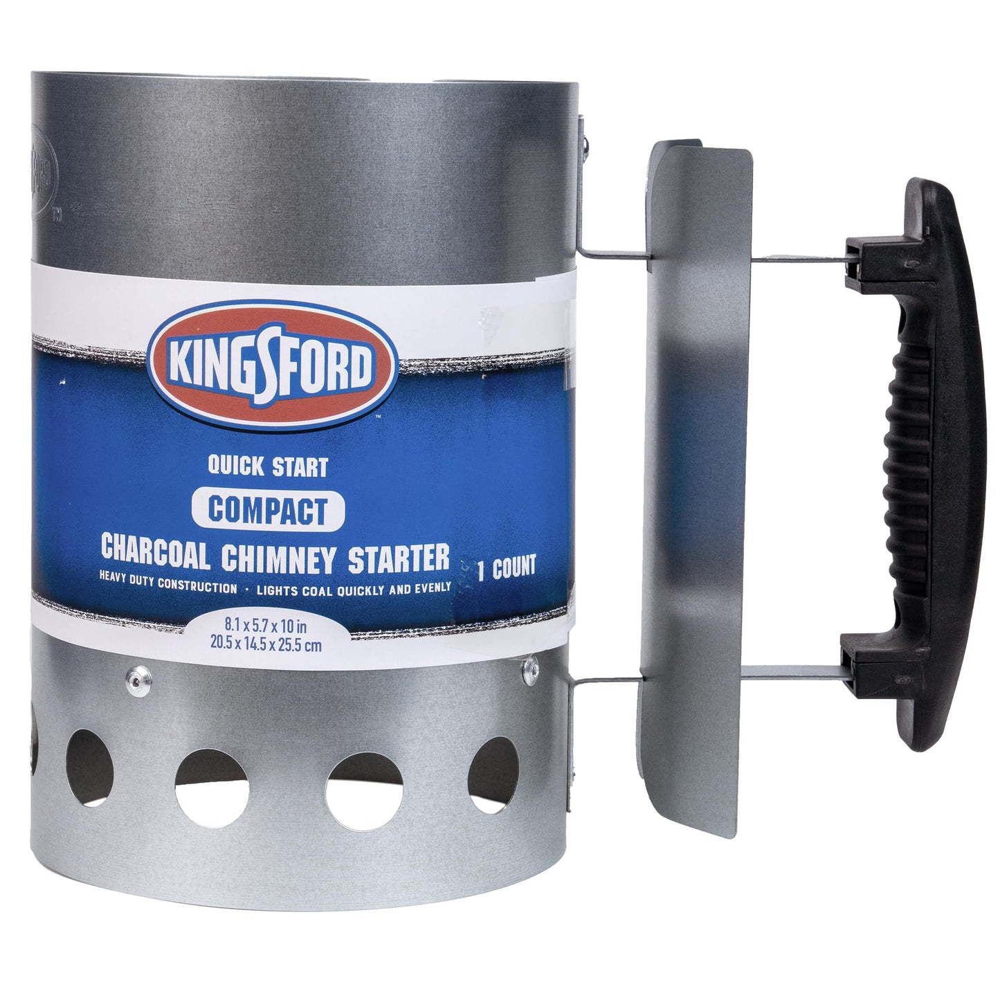 Kingsford Compact Charcoal Chimney Starter for Grills and BBQs, Dimensions 8.1 x 5.7 x 10 Inch, Quick-Light, Heat Shield, Stay-Cool Handle, Durable Zinc Steel, No Assembly
