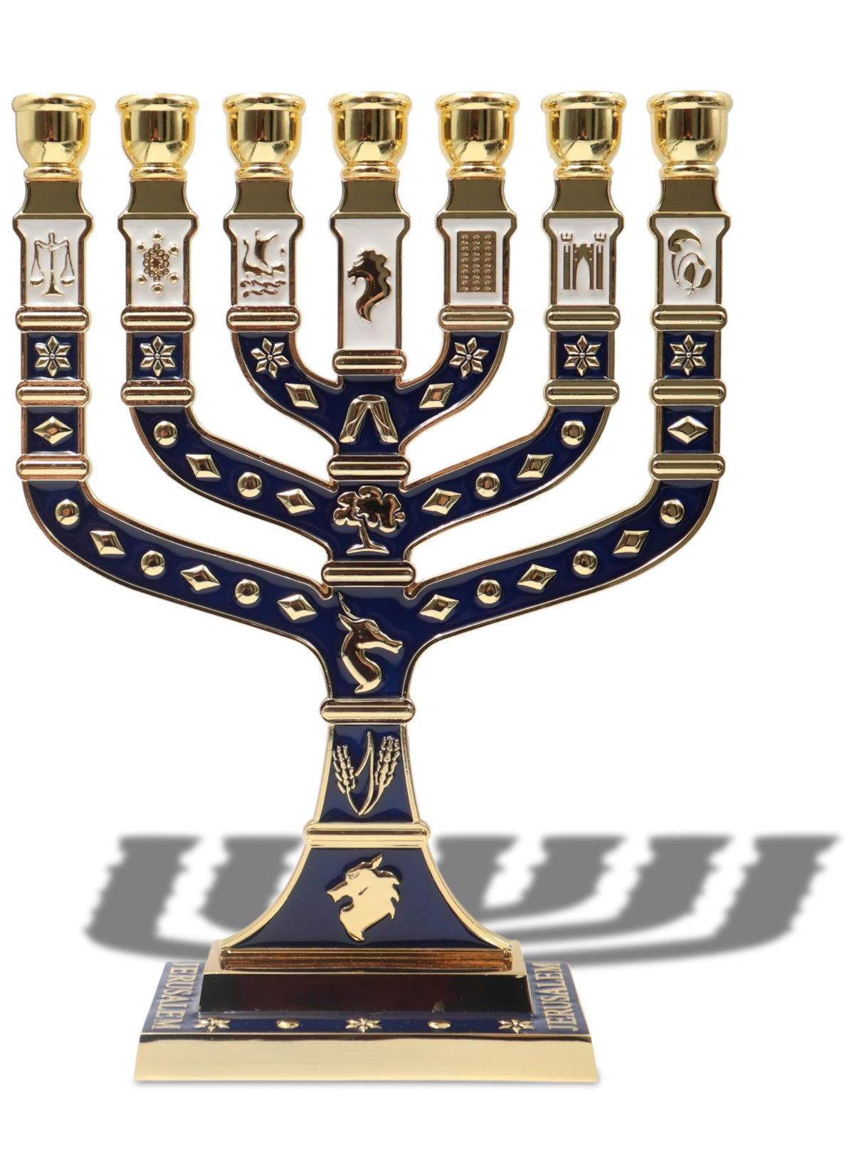 Ateret Judaica 7 Branch Temple Menorah, Blue Enamel Jerusalem Design with 12 Tribes of Israel, Biblical Seven Candle Holder (10.8 inch)