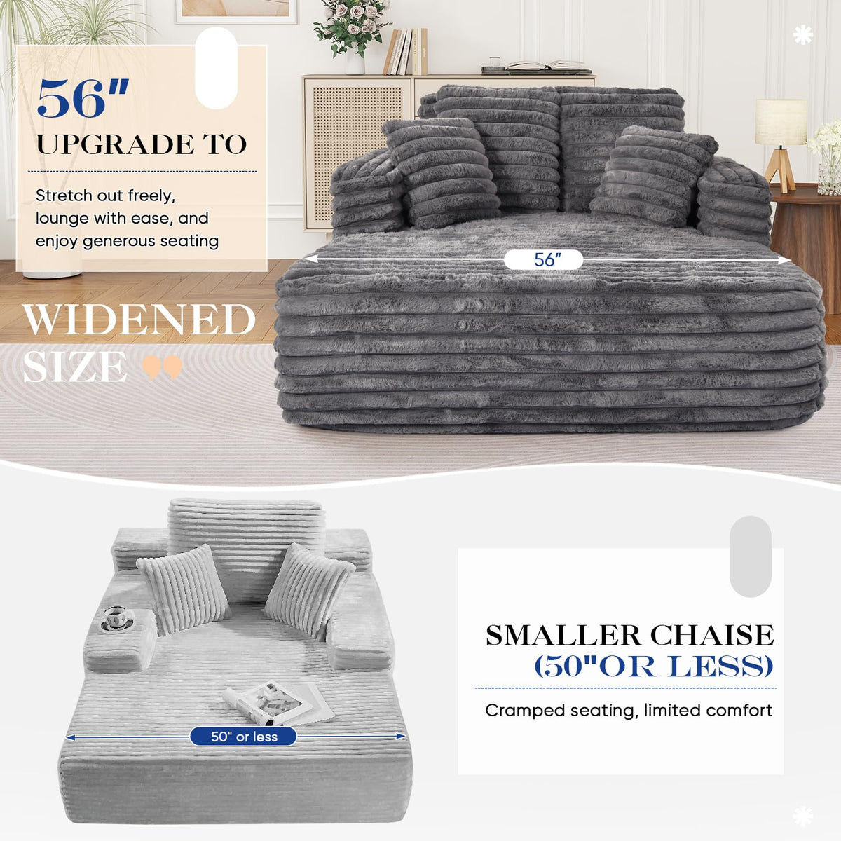 60.75" Oversized Chaise Lounge Indoor, Modern Plush Faux Fur Fabric Deep Seat Boneless Memory Foam Sleeper Chaise Lounge Sofa Chair with Pillows for Living Room Bedroom Studio, No Assembly Couch, Grey