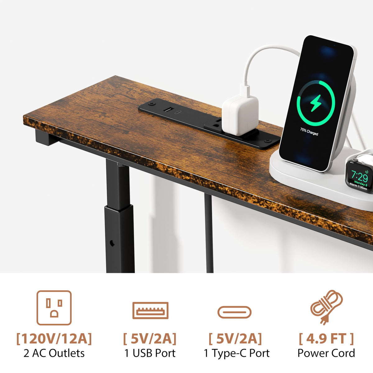 GRLEAF 2 Pack Adjustable Height Narrow Console Table with Power Outlets, 78.7" Long Sofa Table with Charging Station Behind Couch Table Entryway Table for Living Room and Hallway – Rustic Brown