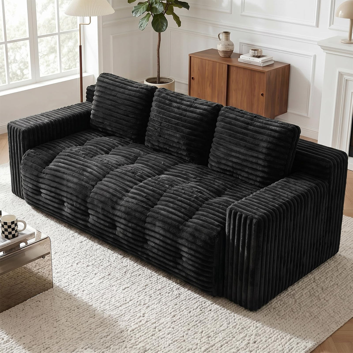 Tykacna 70” Boneless Couch, 3 Seater Sofa Couch with Extra Deep Seats 3 Pillows,Corduroy Modern Small Couch for Living Room, Office, Bedroom, Apartment,Black