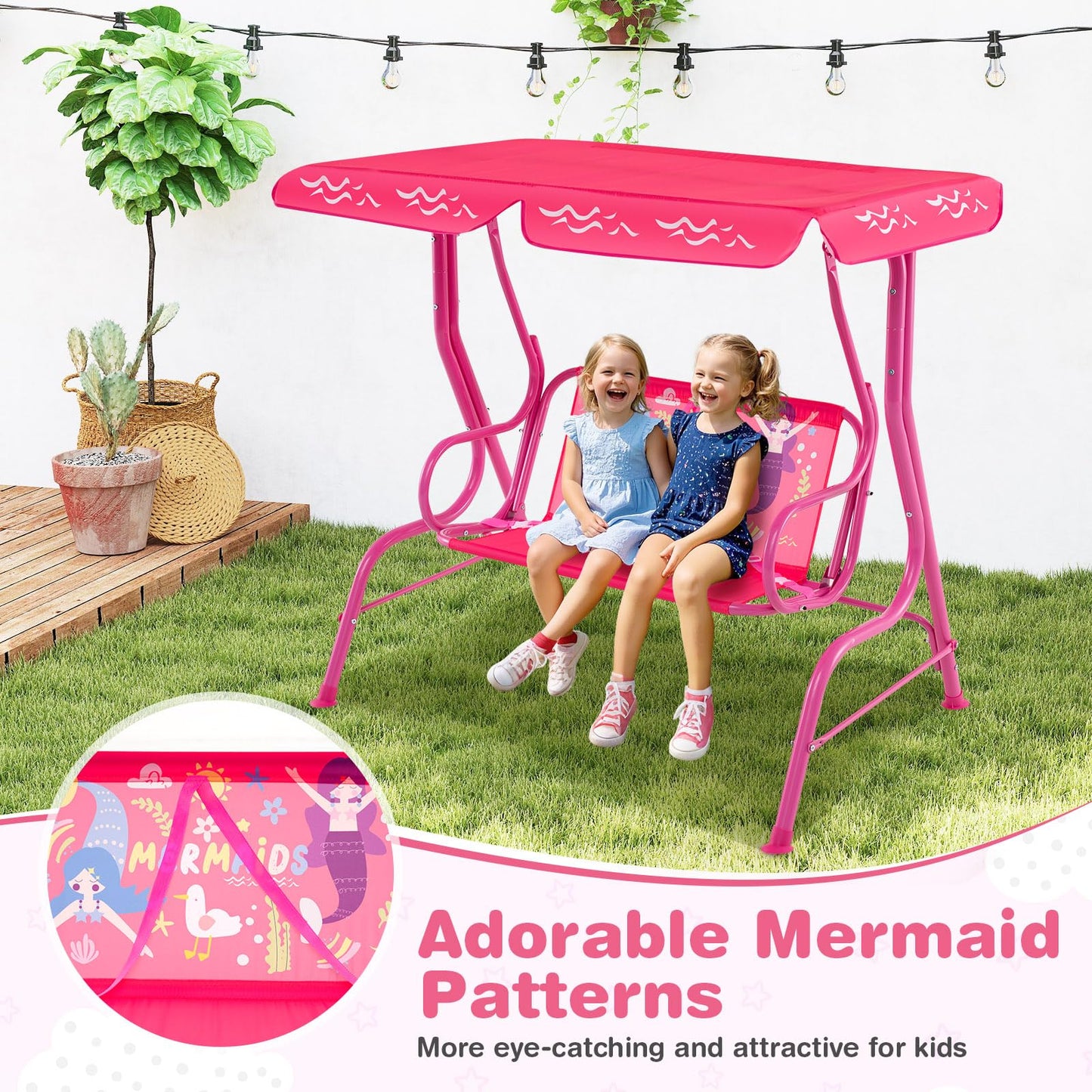 Costzon Kids Porch Swing, All-Weather Patio Swing Bench Hammock w/Adjustable Canopy & Safety Belts for 2 Children, Outdoor Swing for Backyard Garden Balcony Poolside (Pink, Mermaid)