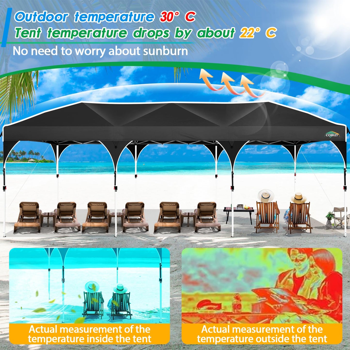 COBIZI 10x30 Pop Up Canopy Tent for Parties with 5 Sidewalls| Push Center Lock & Air Vent| Waterproof & UPF50+ |Gazebo Outdoor Tent for Party,Wedding,BBQ with 4 Sandbags, 8 Stakes & 16 Ropes,Black
