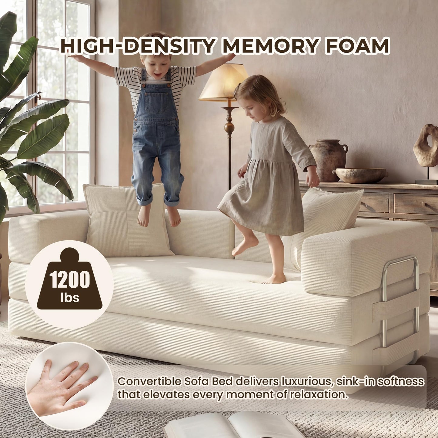 GRUSIGN 78 Inch Convertible Sofa Bed, 5-in-1 Futon Sofa Bed Pull Out Couch, Boneless Couch Bed for Living Room, Corduroy Boneless Couches for Bedroom, Apartment, No Assembly Sleeper Sofa Bed, Beige
