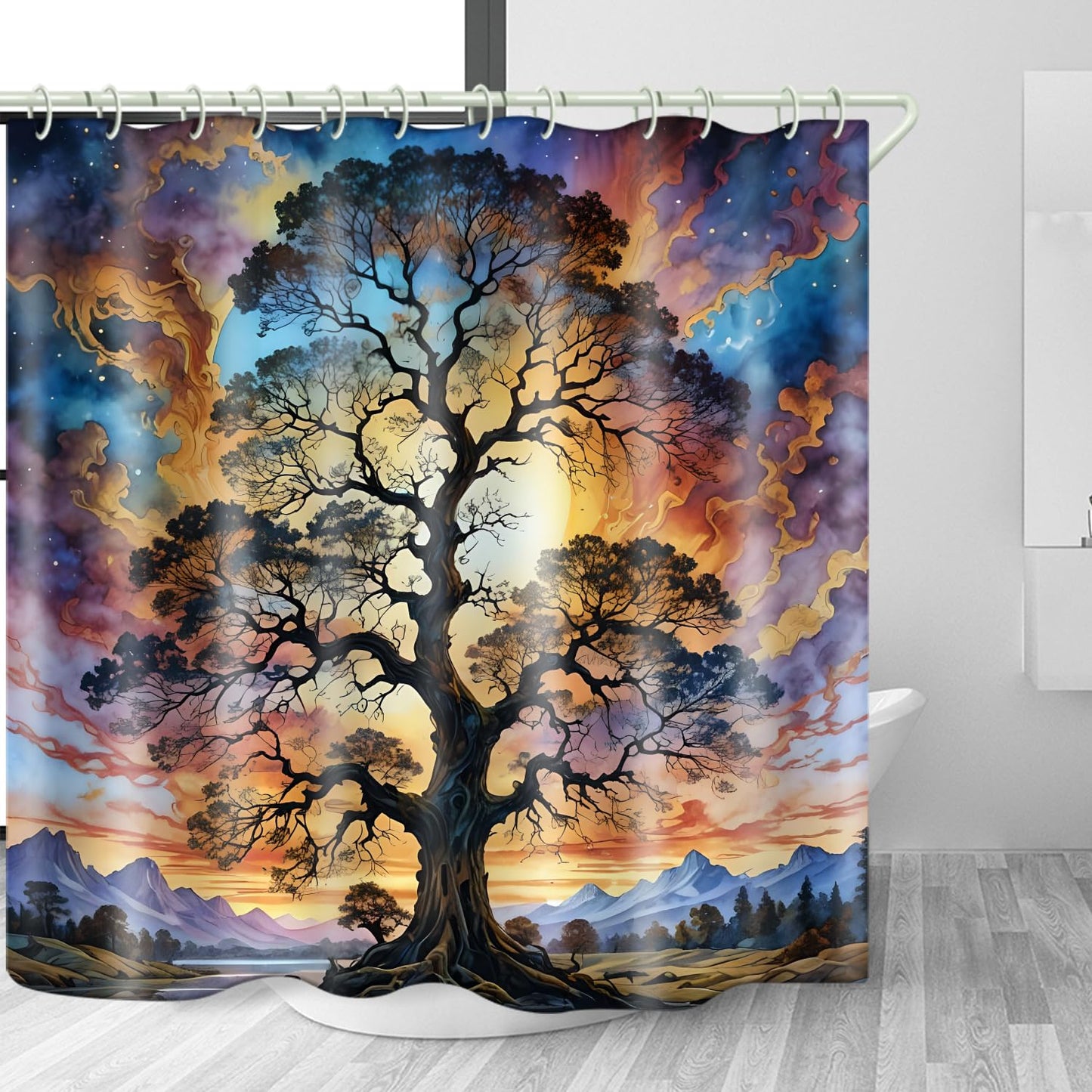 LYFANS Shower Curtains Life Tree Theme, Colorful Bright Sky Brings A Unique Artistic Atmosphere to The Bathroom, 72x79 Inch Fabric Shower Curtain with 12 Hooks.