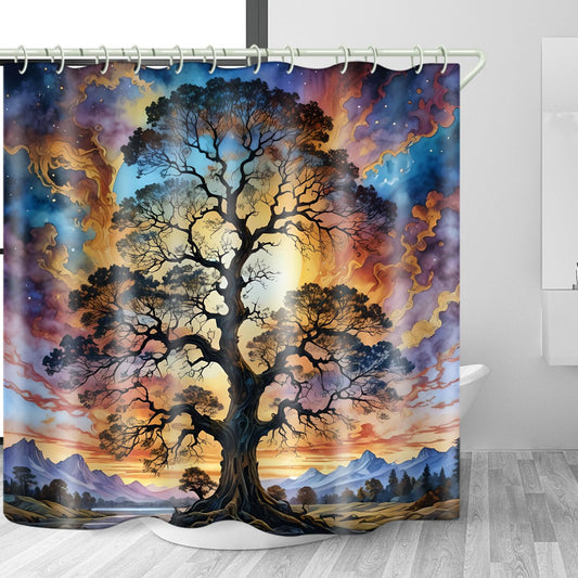 LYFANS Shower Curtains Life Tree Theme, Colorful Bright Sky Brings A Unique Artistic Atmosphere to The Bathroom, 72x79 Inch Fabric Shower Curtain with 12 Hooks.