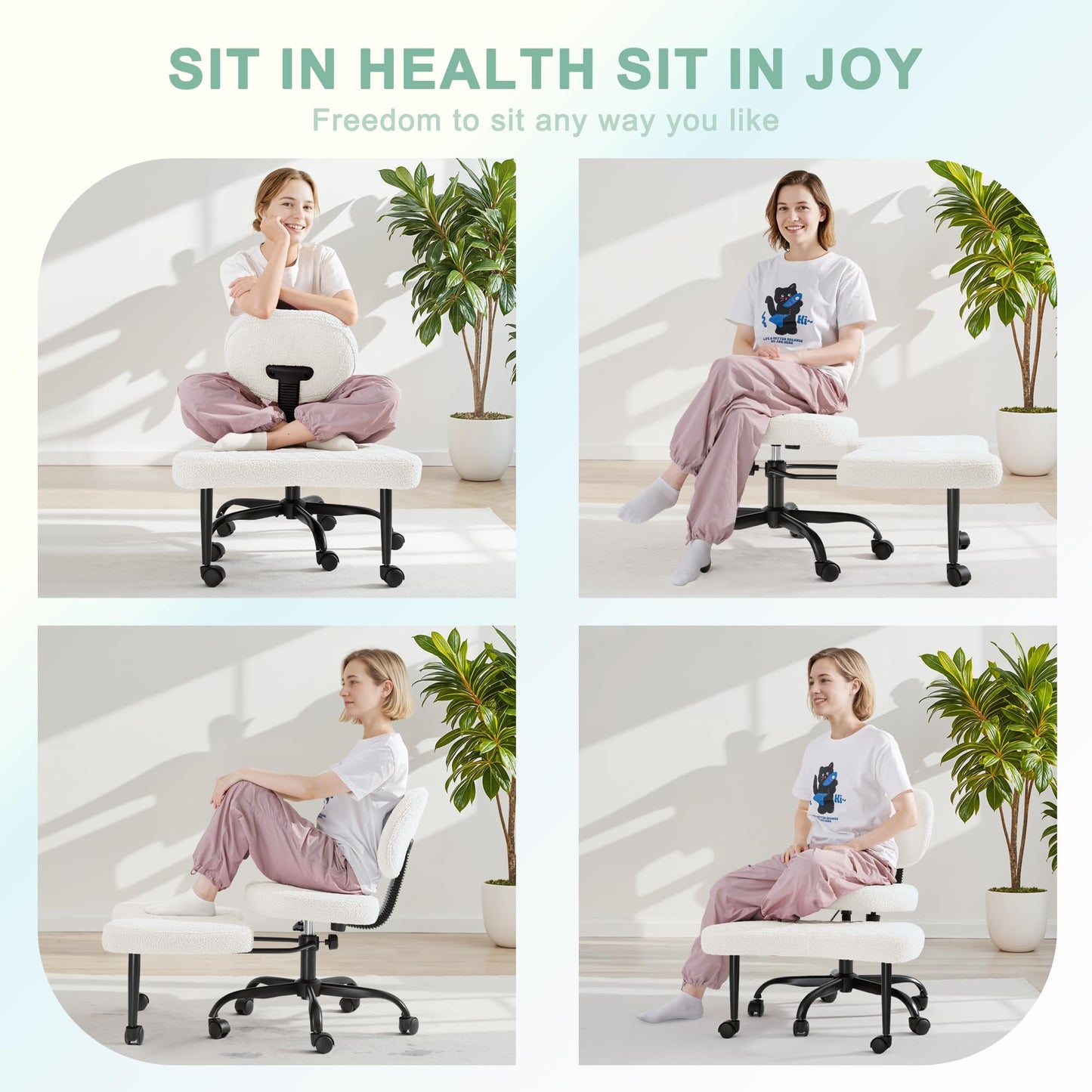GUNJI Ergonomic Criss Cross Legged Office Chair, 360° Swivel Meditation Kneeling Chair with Wheels, ADHD Chair with Footrest, Lumbar Support, Wider Height Adjustable Seat (White, Teddy Fleece)
