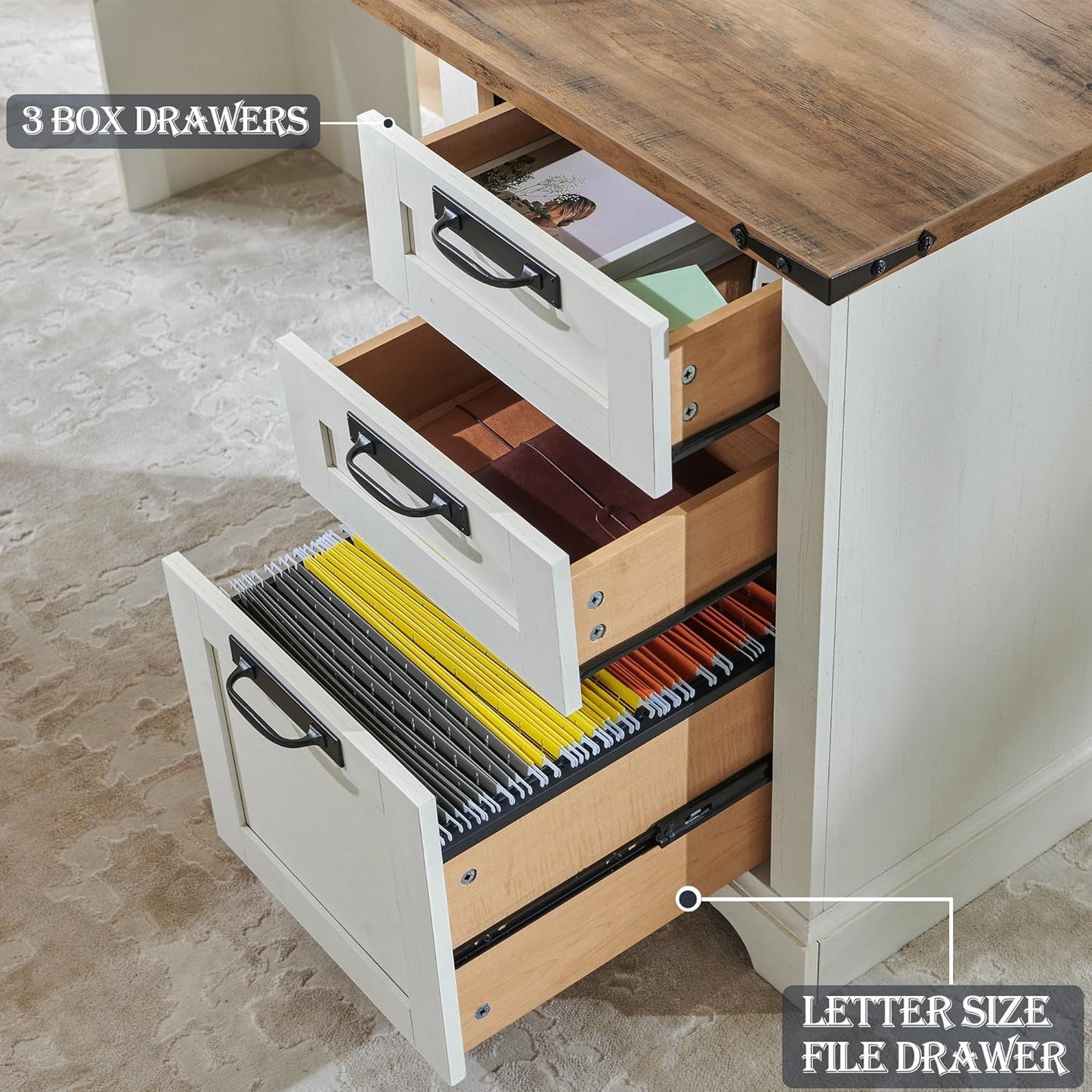 RedLemon 60" Farmhouse L Shaped Desk with Hutch, Wood Home Office Executive Desk with Drawer, Charging Station, File Drawer, Storage Cabinet, Rustic Writing Computer Desk (Antique White)