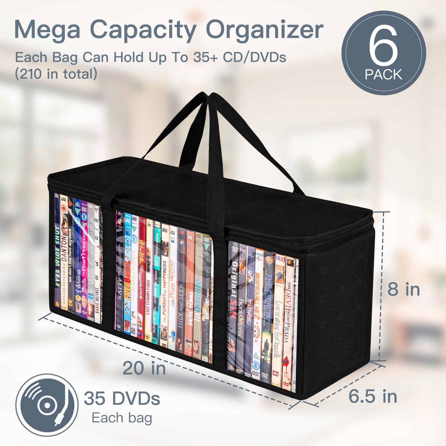 Criusia 6 Pack DVD Storage Bags, Clear PVC Media Organizer with Zipper and Handles, Stackable Holder Case for CDs, Blu-ray, Video Games, Albums, Movie Cases