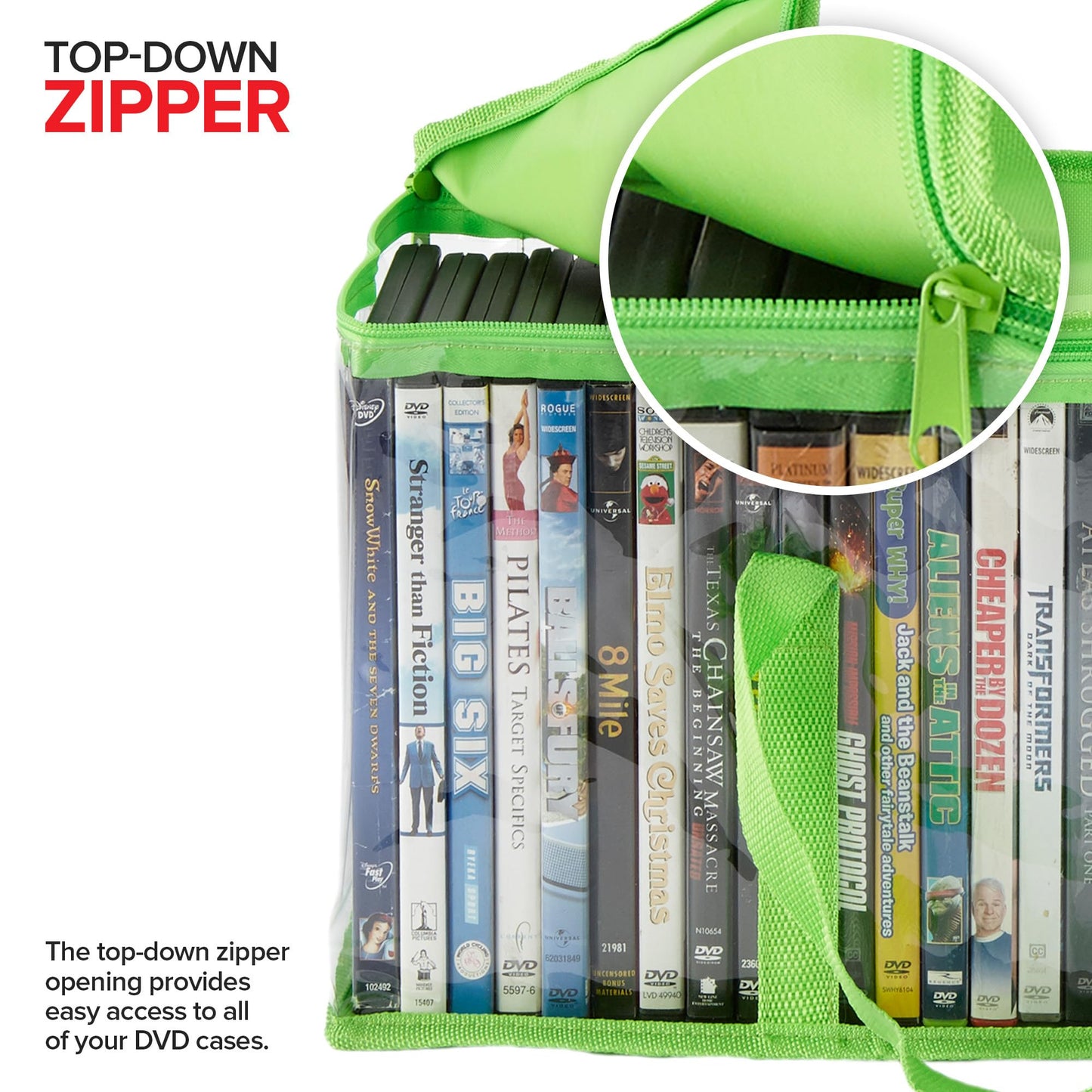 Stock Your Home DVD Storage Bags (Set of 6) Media Organizer Bag for DVDs, CDs, Blu Ray Disc, Movie Cases, VHS Box, Video Game Disks, Clear Plastic Holders with Carrying Handles and Zipper - Green