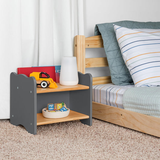 Ocodile Kids Nightstand for Floor Beds, Solid Wood Small Bedside Table with Book Pocket, Low Tiny Nightstand for Nursery, Toddler & Kids Room, Montessori Style Side Table - Gray