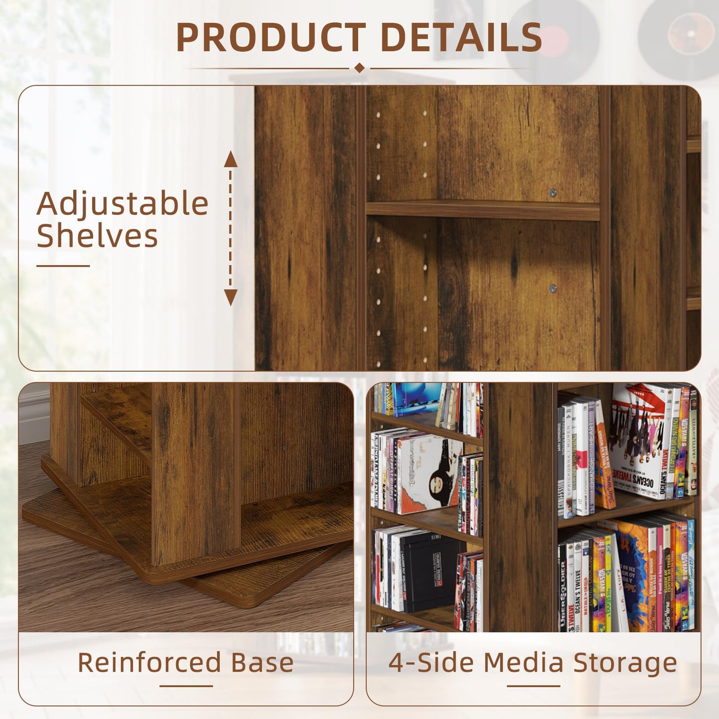 LELELINKY DVD Storage Shelf,Rotating DVD Rack w/Adjustable Shelves, Brown