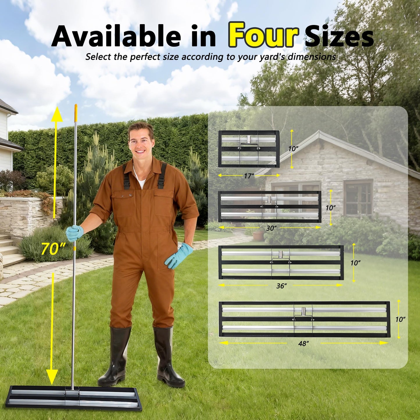 36"x10"Lawn Leveling Rake with Aluminum Rollers, Stainless Steel Yard Lawn Leveler Tool with Adjustable Long Handle, Yard Leveling Rake Suit, Levelawn Tool for Soil, Grass, Golf Course, Garden, Farm