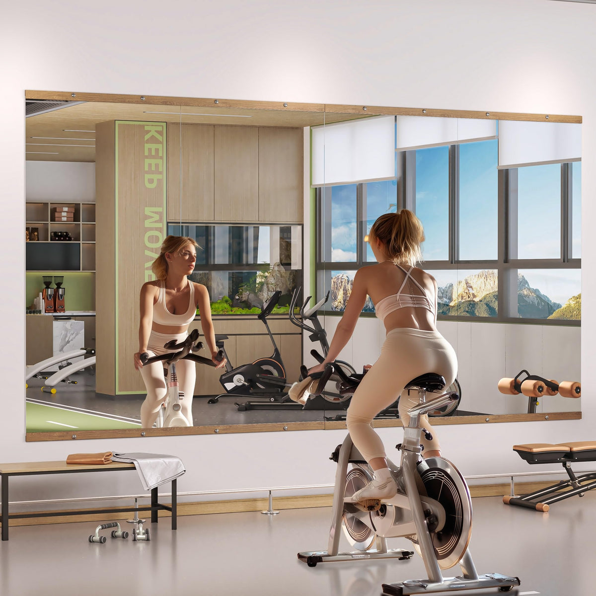 Hasipu 2Pcs 48''x24'' Home Gym Mirror Large Full Length Wall Mounted Full Body Mirror for Yoga Dance Fitness Exercise Studio Bedroom Garage, Frameless Tempered Glass Workout Mirrors Walnut Rectangular