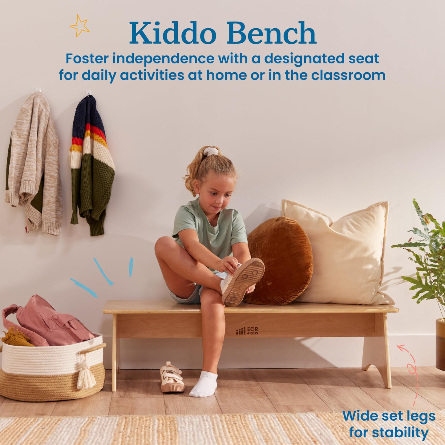 ECR4Kids Wooden Kiddo Classroom Bench, 12in Seat Height, Childrens Furniture, Natural