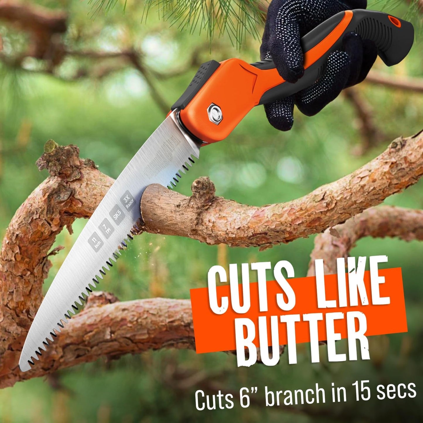 Folding Camping saw 11 Inch - Heavy Duty Pruning Saw with Triple-Cut SK5 Blade, 7 TPI Razor Teeth for Tree Trimming, Wood Cutting, Camping, Bushcraft, and Gardening