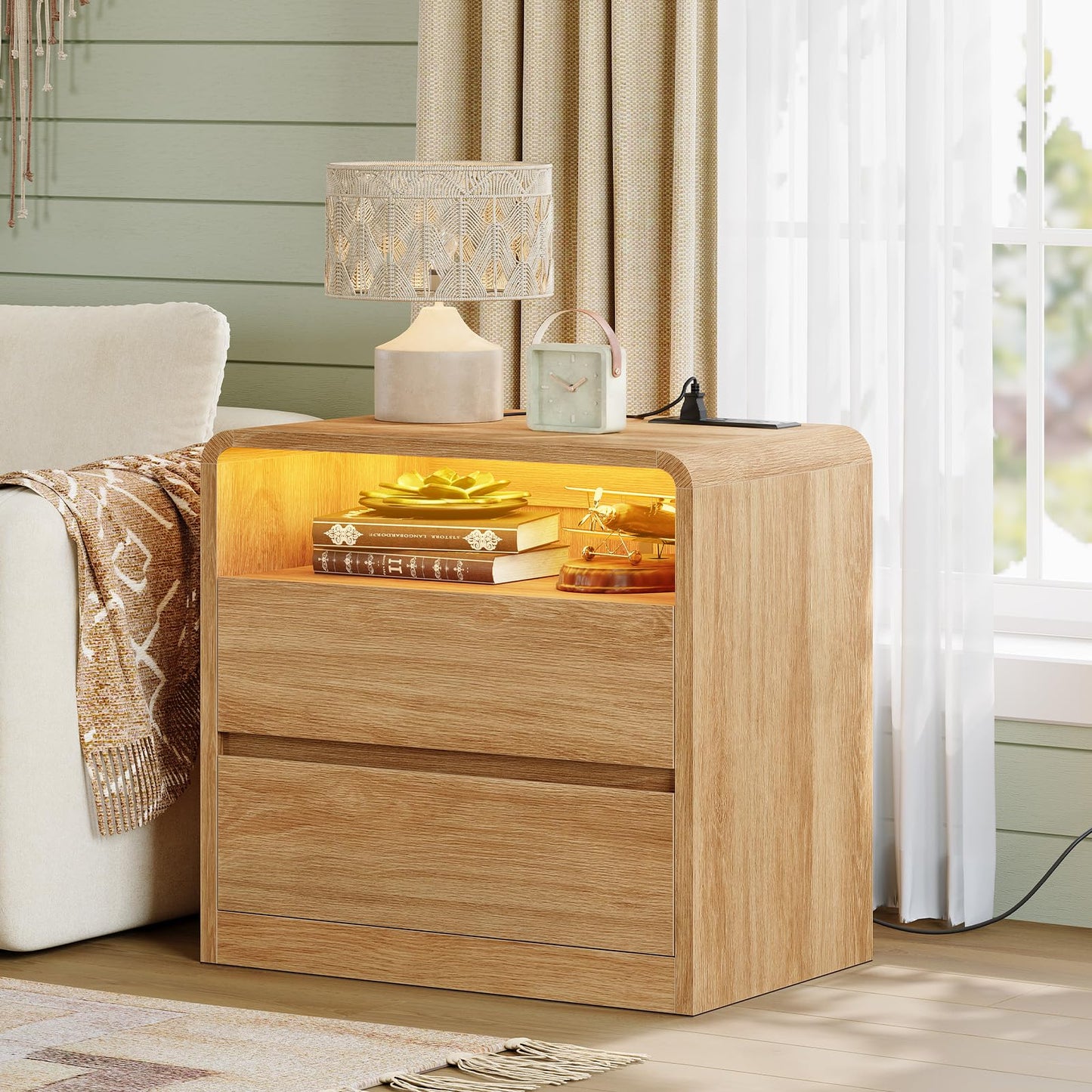 TEENFON Nightstands Set of 2 with Charging Station & LED Lights, Curved Corner Bedside Table 21.7" W, 2 Drawers & Open Shelf, USB-C & USB Ports, Natural, Storage End Table for Bedroom/Living Room