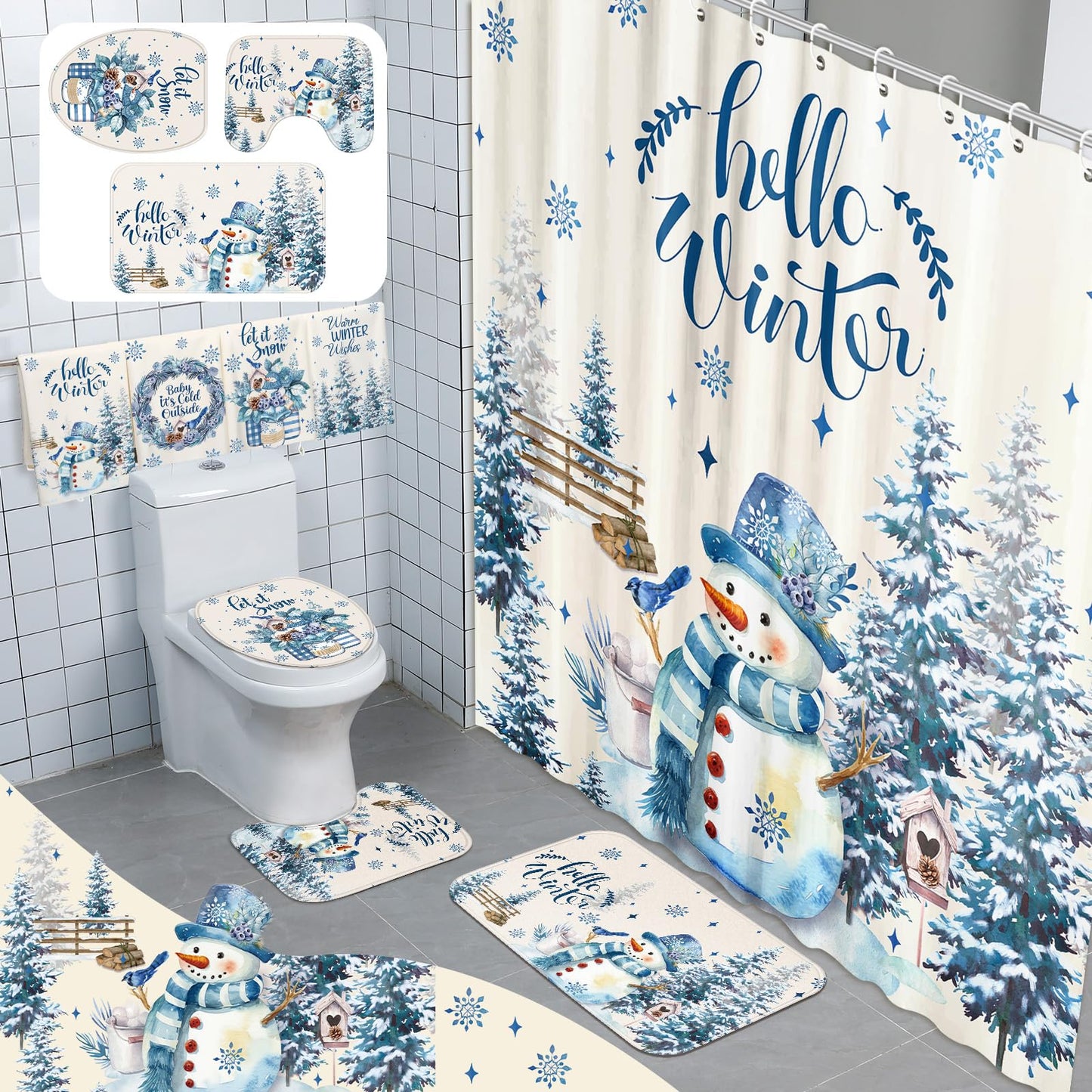 Tranqun 8 Pcs Winter Shower Curtain Set Towels Mat Toilet Lid Cover Hook