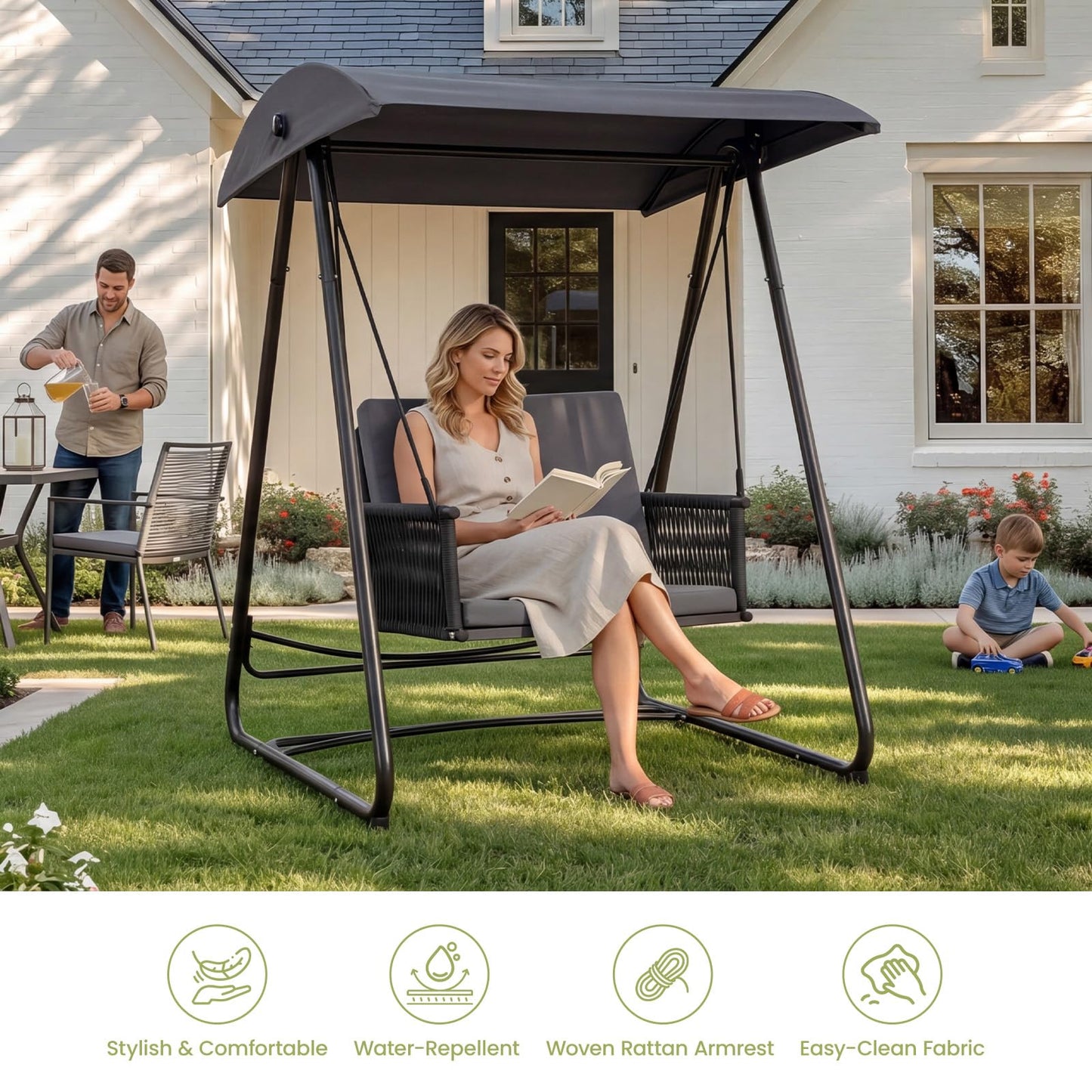 DAYARUS Porch Swing with Stand, Outdoor Swing with Canopy, All Weather Outdoor Swings for Adults, 400lbs Heavy Duty Porch Swings with Removable Cushions, Single Hanging Chair for Small Space, Grey