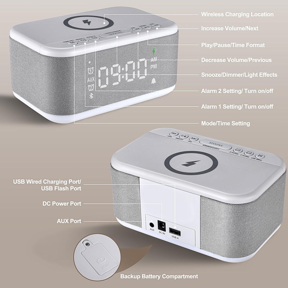 Alarm Clock Speaker Wireless Charger, Digital Alarm Clocks Bedrooms Bluetooth, Alarm Clock Dimmable Light Bedrooms Dual Alarm Snooze Dimmer 12 24H RGB Night Light Bluetooth USB AUX, Gray