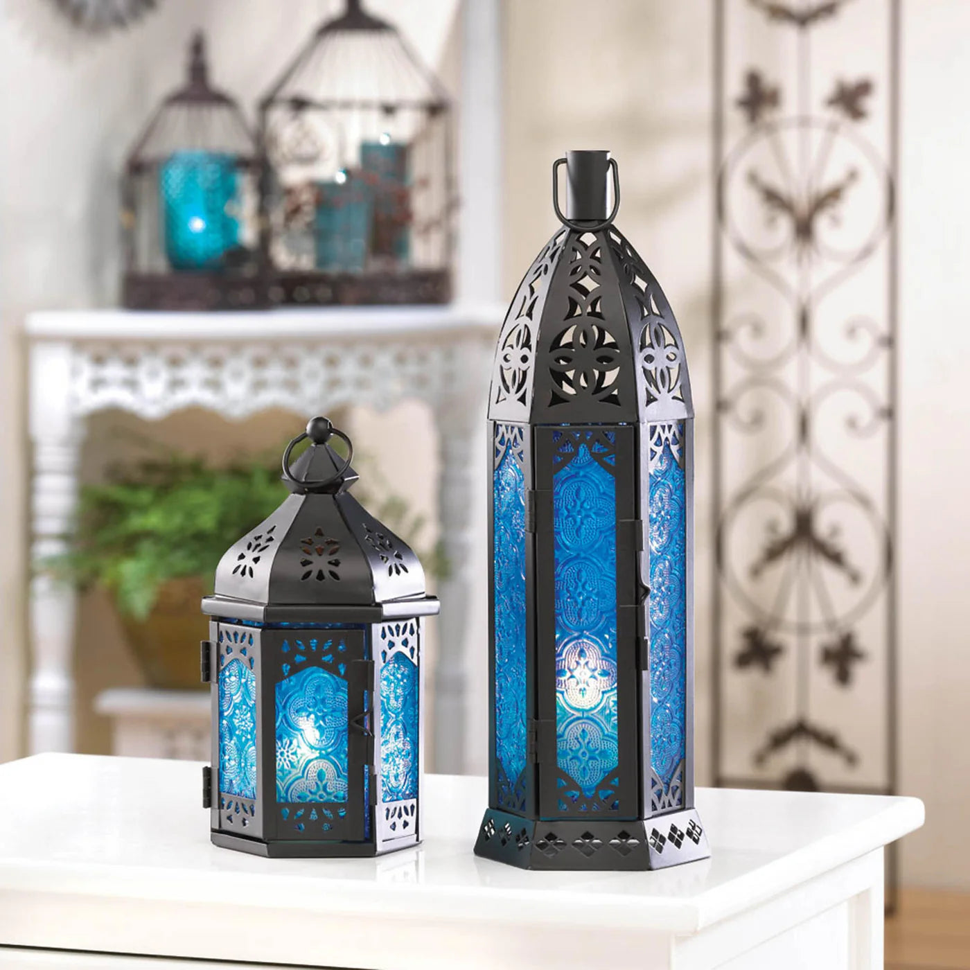 TALL FLORET BLUE CANDLE LANTERN