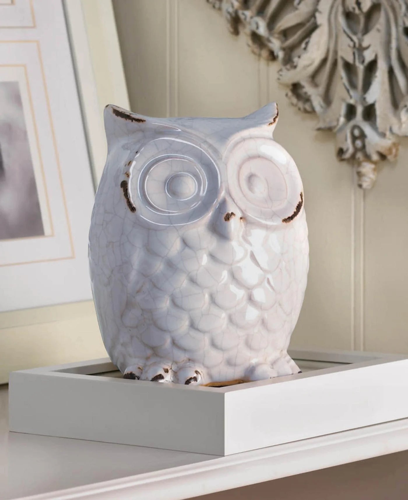 DISTRESSED WHITE OWL FIGURINE