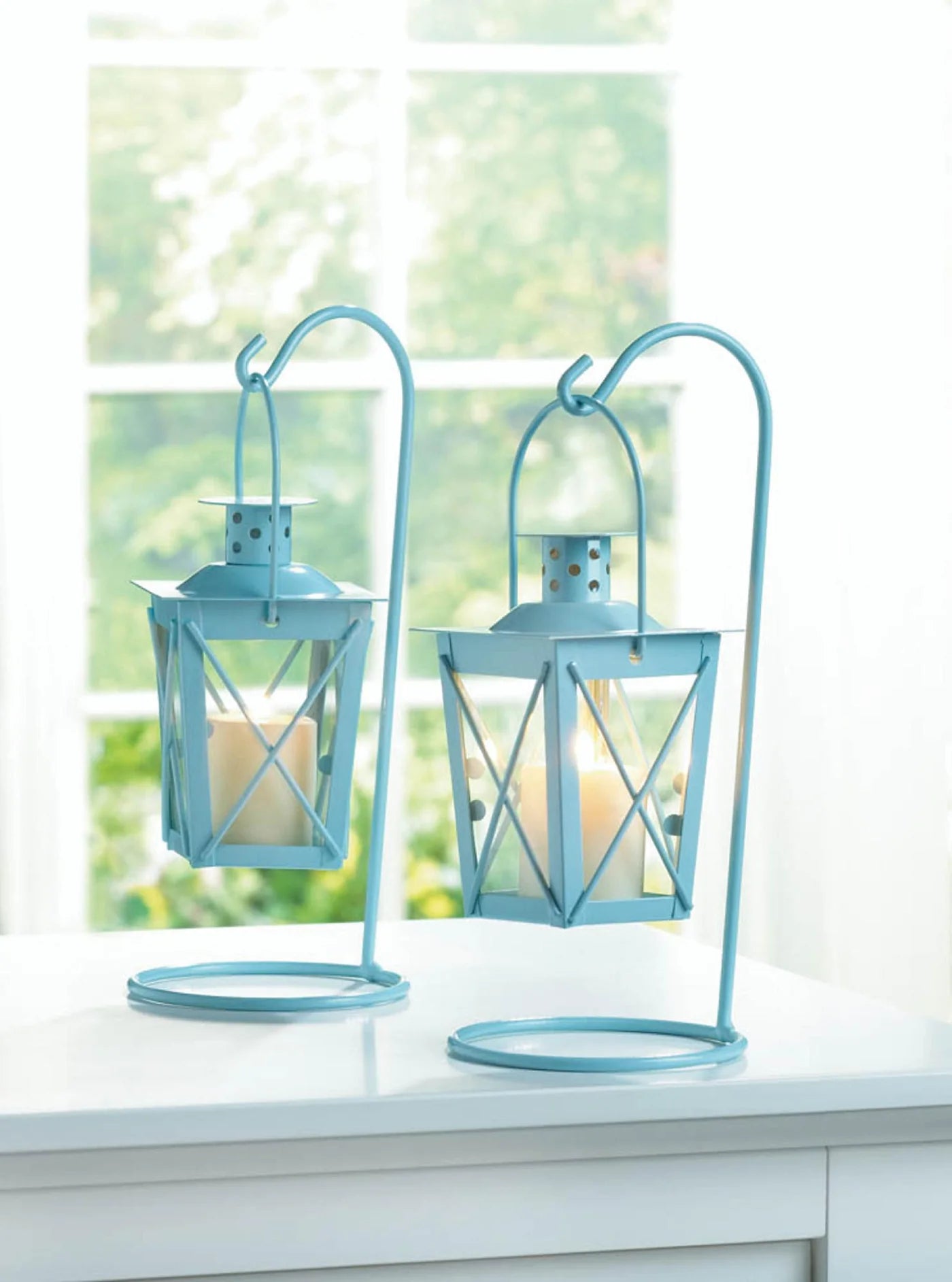 BABY BLUE HANGING RAILROAD LANTERN PAIR
