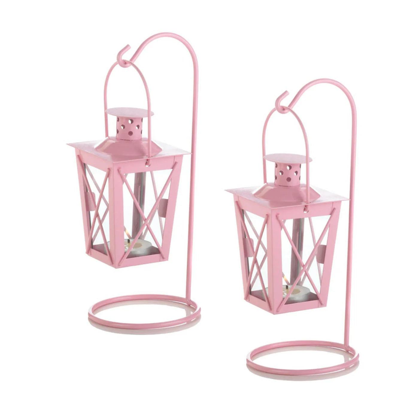 PINK IRON RAILROAD HANGING LANTERN PAIR