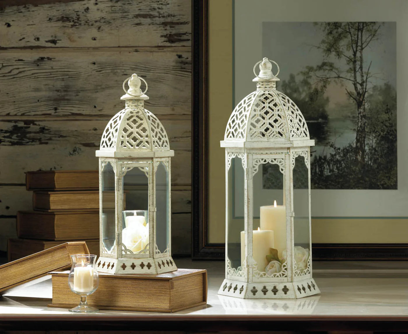 GRACEFUL DISTRESSED WHITE LARGE LANTERN